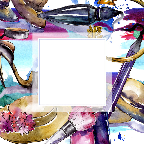Cosmetics sketch fashion glamour illustration. Clothes accessories set trendy outfit. Watercolor background illustration set. Watercolour drawing fashion aquarelle. Frame border ornament square. - Photo, Image