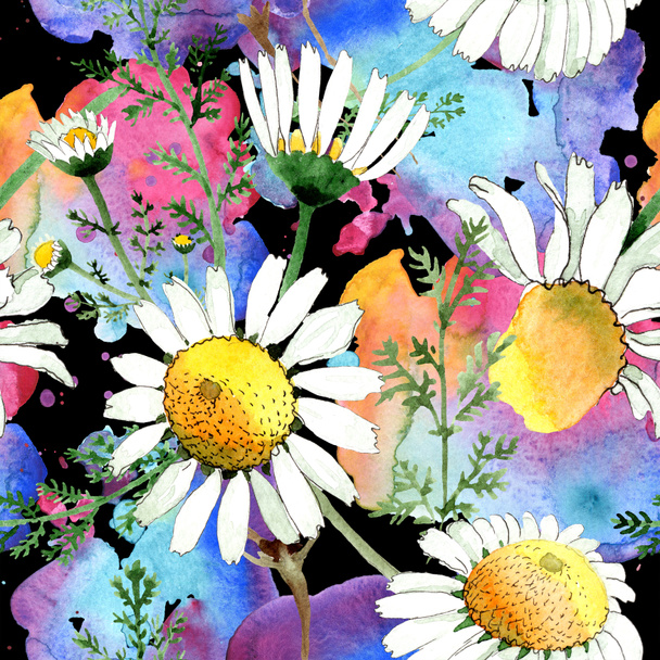 Kamilla virág botanikus virág. Vad tavaszi levél izolált. Akvarell illusztráció meg. Akvarell rajz divat Aquarelle. Folytonos háttérmintázat. Szövet tapéta nyomtatási textúra. - Fotó, kép