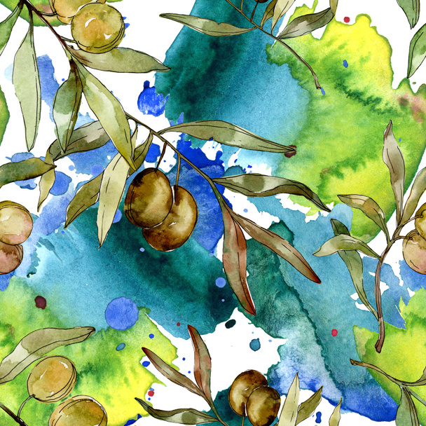 Green olives watercolor illustration. Watercolour green leaf seamless background pattern. Fabric wallpaper print texture - Foto, Bild