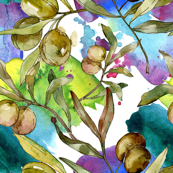 Green olives watercolor illustration. Watercolour green leaf seamless background pattern. Fabric wallpaper print texture - Fotografie, Obrázek