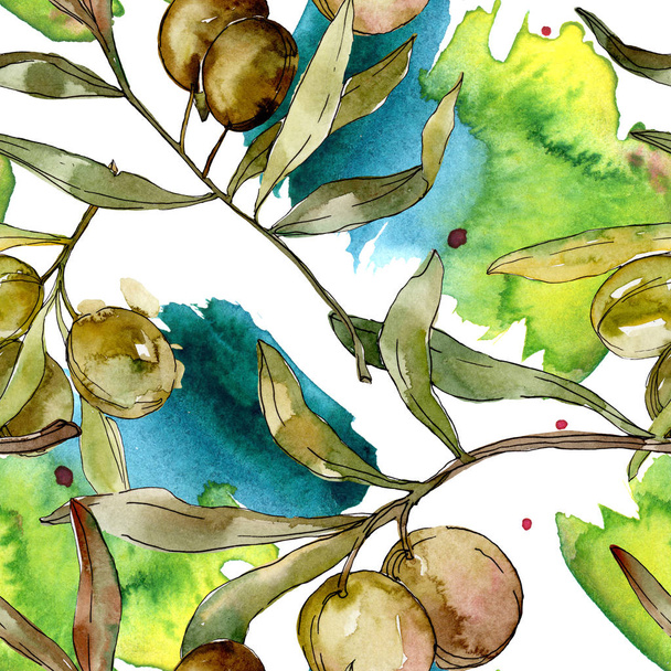 Green olives watercolor illustration. Watercolour green leaf seamless background pattern. Fabric wallpaper print texture - Fotoğraf, Görsel