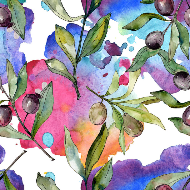 Black olives watercolor illustration set. Watercolour seamless background pattern. Fabric wallpaper print texture. - Foto, immagini