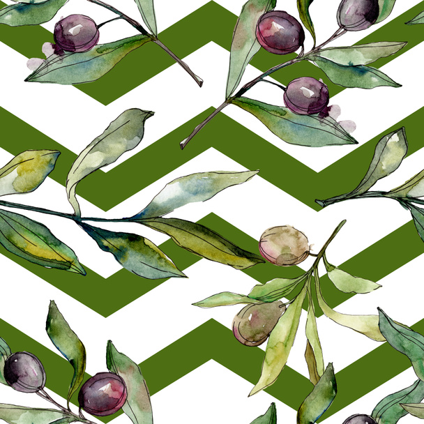 Black olives watercolor illustration set. Watercolour seamless background pattern. Fabric wallpaper print texture. - 写真・画像