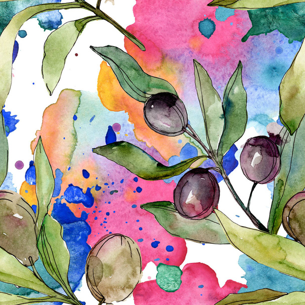 Black olives watercolor illustration set. Watercolour seamless background pattern. Fabric wallpaper print texture. - Photo, Image