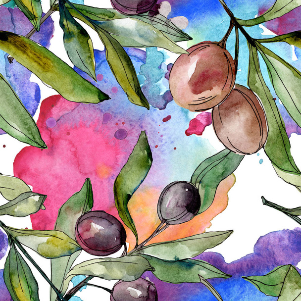 Black olives watercolor illustration set. Watercolour seamless background pattern. Fabric wallpaper print texture. - Fotografie, Obrázek