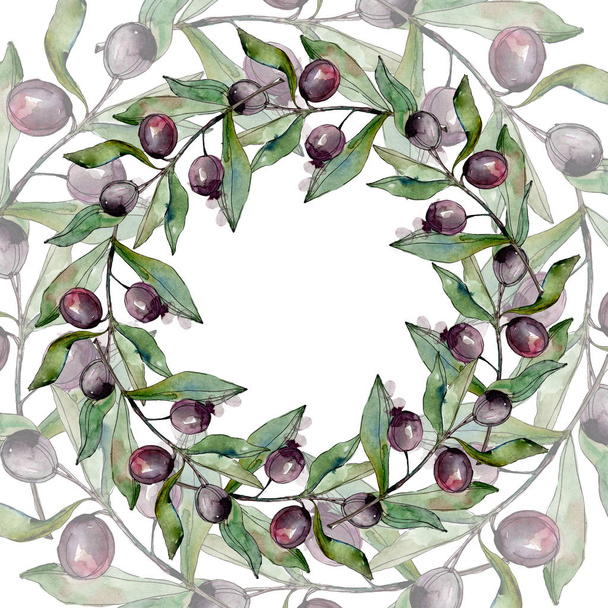 Black olives watercolor background illustration set. Watercolour drawing aquarelle green leaf. Frame border square. - Photo, Image