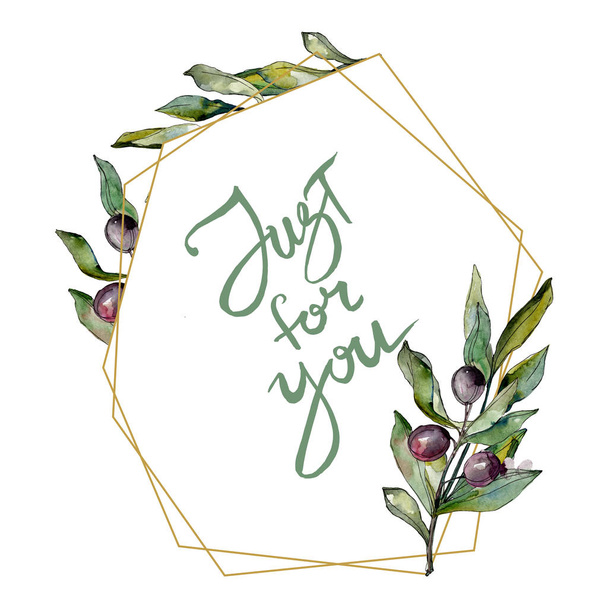 Black olives watercolor background illustration. Watercolour drawing green leaf. Frame border square. Just for you - Photo, Image