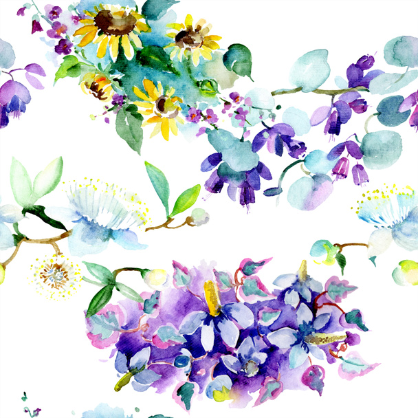 Bouquet floral botanical flowers. Watercolor background illustration set. Watercolour drawing fashion aquarelle isolated. Seamless background pattern. Fabric wallpaper print texture. - 写真・画像