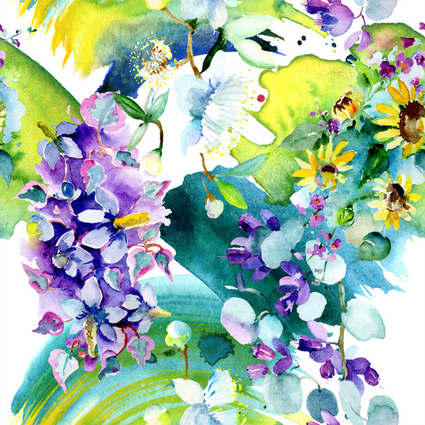 Csokor virágos botanikus virágok. Akvarell háttér illusztráció meg. Akvarell rajz divat Aquarelle elszigetelt. Folytonos háttérmintázat. Szövet tapéta nyomtatási textúra. - Fotó, kép