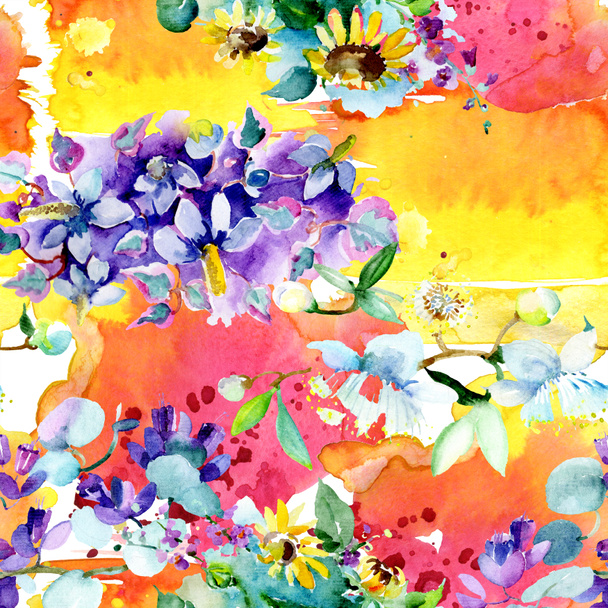 Bouquet floral botanical flowers. Watercolor background illustration set. Watercolour drawing fashion aquarelle isolated. Seamless background pattern. Fabric wallpaper print texture. - Foto, Bild
