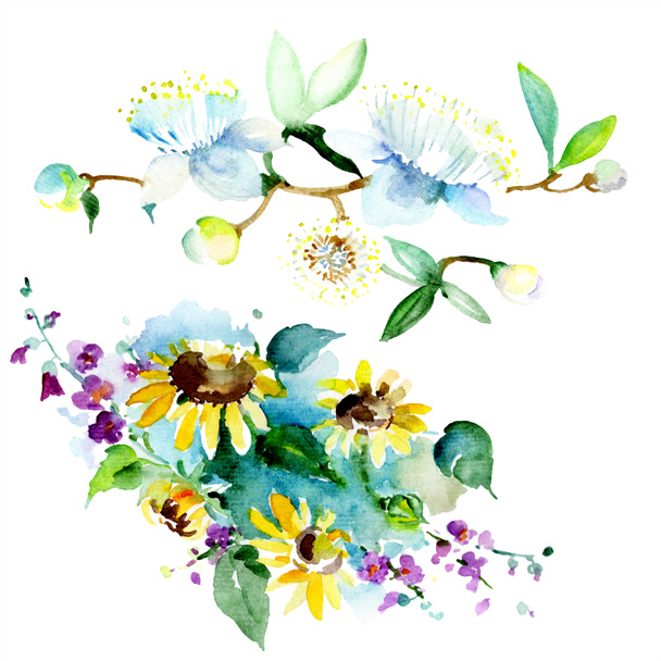 Csokor virág botanikai virág. Vad tavaszi levél vadvirág elszigetelt. Akvarell háttér illusztráció készlet. Akvarell rajz divat aquarelle elszigetelt. Elszigetelt csokor ábra elem. - Fotó, kép