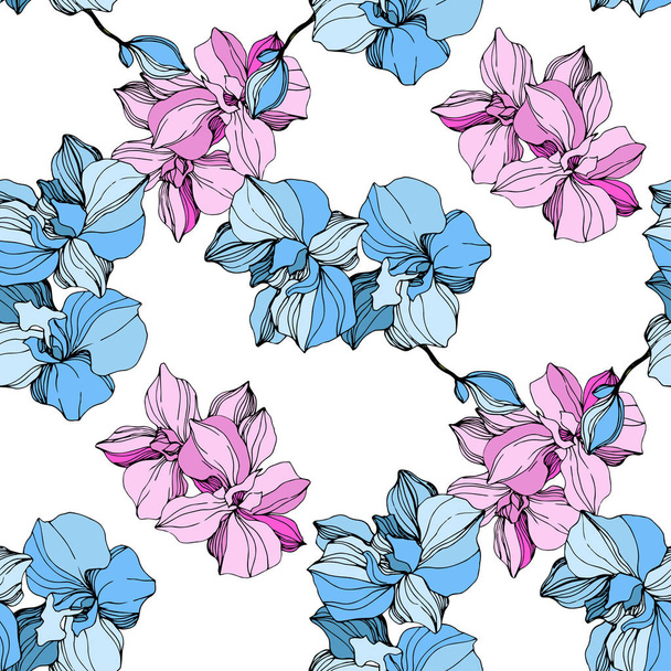 Vector Pink and blue orchid flower. Engraved ink art. Seamless background pattern. Fabric wallpaper print texture. - Vektor, Bild