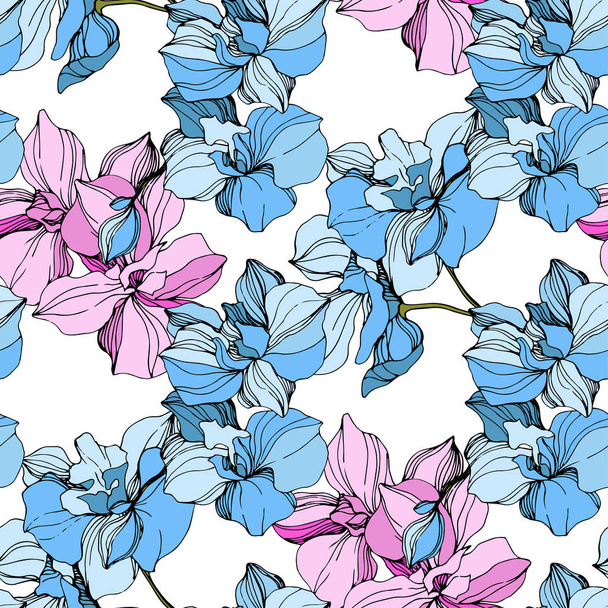 Vector Pink and blue orchid flower. Engraved ink art. Seamless background pattern. Fabric wallpaper print texture. - Vector, imagen