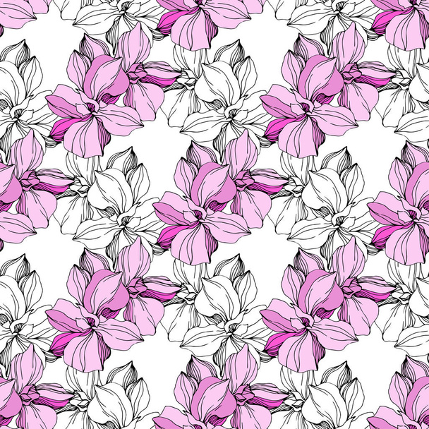 Vector Pink and blue orchid flower. Engraved ink art. Seamless background pattern. Fabric wallpaper print texture. - Vector, Imagen