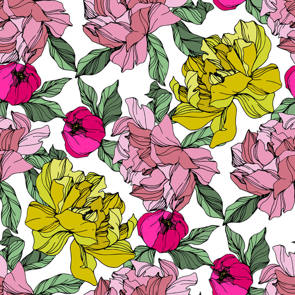 Vector Pink and yellow peony flower. Engraved ink art. Seamless background pattern. Fabric wallpaper print texture. - Vector, imagen