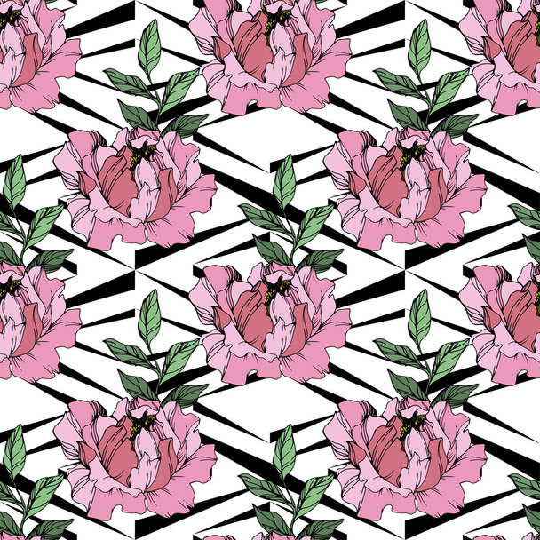 Vector Pink peony flower. Engraved ink art. Seamless background pattern. Fabric wallpaper print texture. - Вектор,изображение