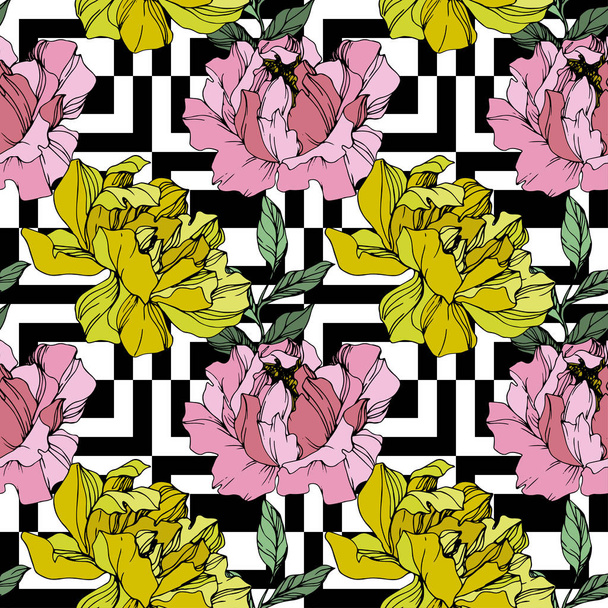 Vector Pink and yellow peony flower. Engraved ink art. Seamless background pattern. Fabric wallpaper print texture. - Vektor, obrázek