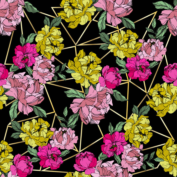 Vector Pink and yellow peony flower. Engraved ink art. Seamless background pattern. Fabric wallpaper print texture. - Vector, Image
