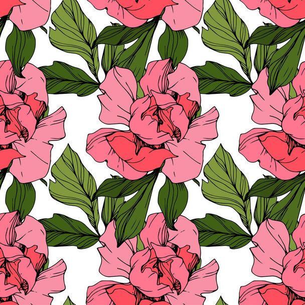 Vector Pink peony flower. Engraved ink art. Seamless background pattern. Fabric wallpaper print texture. - Вектор, зображення