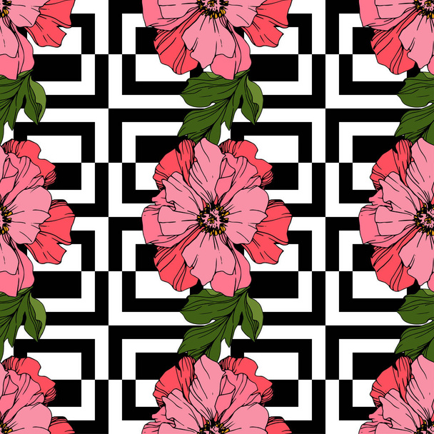 Vector Pink peony flower. Engraved ink art. Seamless background pattern. Fabric wallpaper print texture. - Вектор,изображение