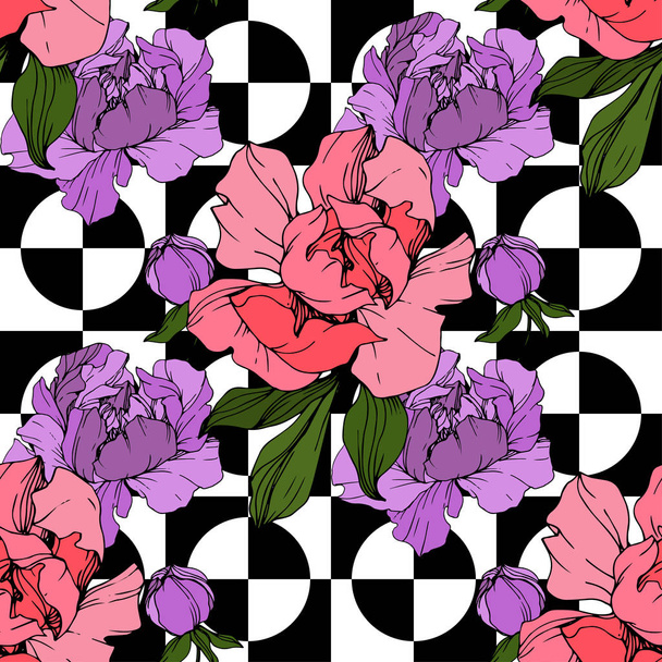 Vector Pink and purple peony flower. Engraved ink art. Seamless background pattern. Fabric wallpaper print texture. - Вектор,изображение