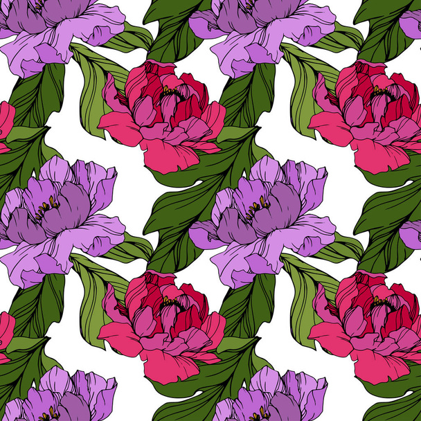 Vector Rosa y flor de peonía púrpura. Arte de tinta grabada. Patrón de fondo sin costuras. Textura de impresión de papel pintado de tela
. - Vector, imagen