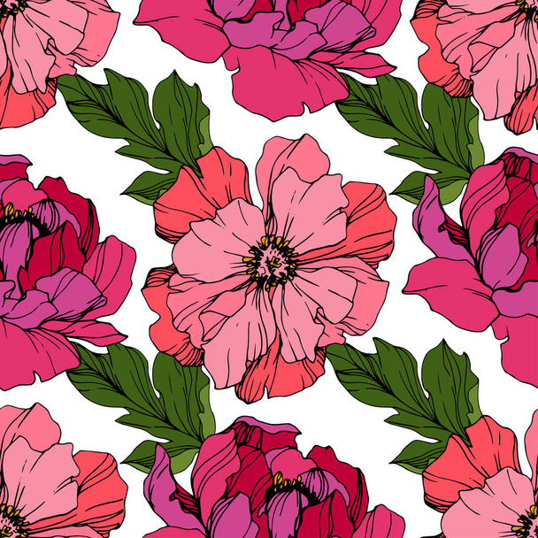 ベクトルピンクのピオニーの花。インクアートを彫刻。シームレスな背景パターン。ファブリック壁紙プリントテクスチャ. - ベクター画像