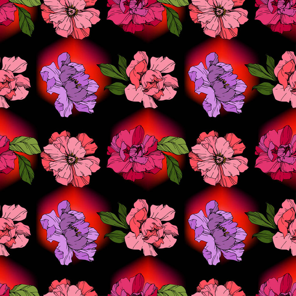 Vector Rosa y flor de peonía púrpura. Arte de tinta grabada. Patrón de fondo sin costuras. Textura de impresión de papel pintado de tela
. - Vector, imagen