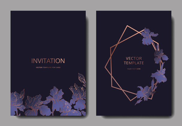 Vector Blue, purple and yellow iris botanical flower. Engraved ink art. Wedding background card floral decorative border. Thank you, rsvp, invitation elegant card illustration graphic set banner. - Vector, Image