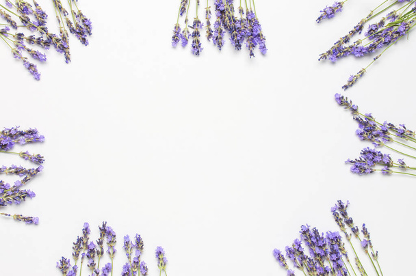 Composition des fleurs. Cadre de fleurs fraîches de lavande violette sur fond gris clair. Espace de copie plat de vue de dessus. Lavande, fond floral, carte de fleurs. Concept minimal
. - Photo, image