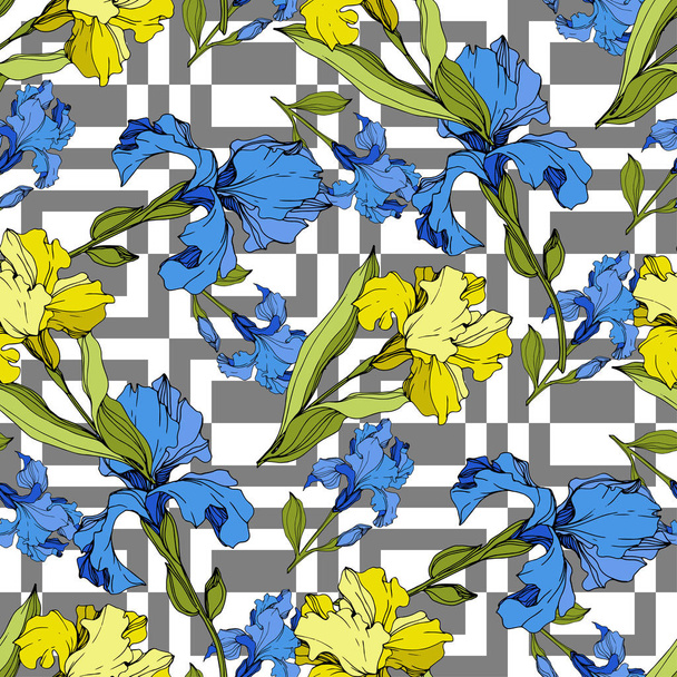 Vector Iris flor botânica floral. Padrão de fundo sem costura. Tecido papel de parede impressão textura
. - Vetor, Imagem