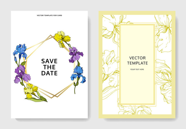Vector wedding invitation cards with irises and lettering - Vektor, Bild