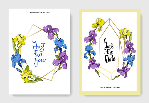 Vector wedding invitation cards with irises and lettering - Vektor, obrázek