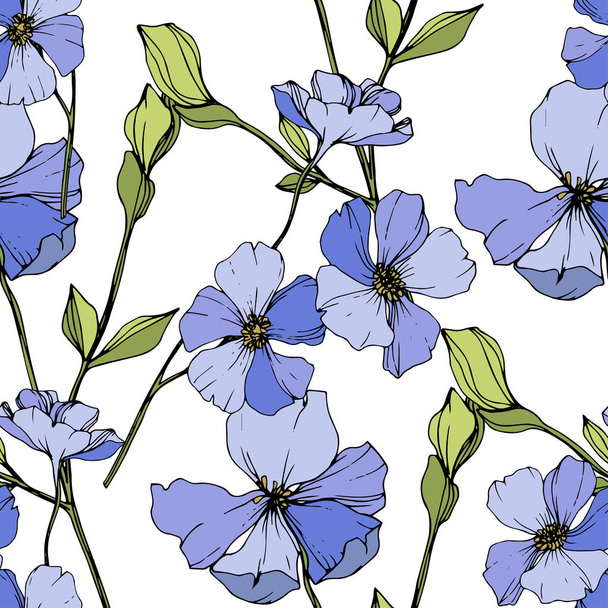 Vector Blue flax botanical flower. Engraved ink art. Seamless background pattern. Fabric wallpaper print texture. - Vector, Imagen