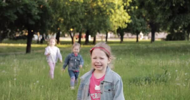 Tres niñita sosteniendo de las manos corriendo sobre hierba verde en el jardín rodeado de soplador de burbujas de aire
 - Metraje, vídeo
