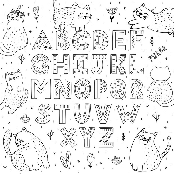 Black and white alphabet with funny cats. Abc coloring page - Vetor, Imagem