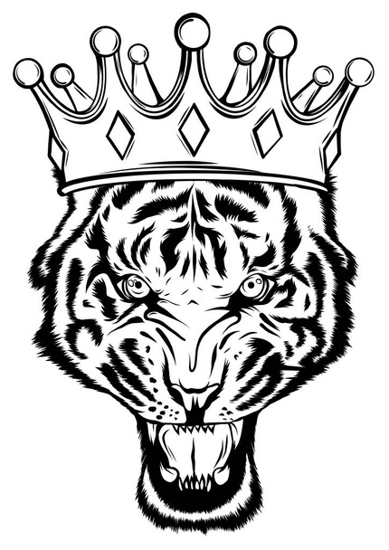 Portrait of a tiger with a golden crown on his head, grinning in fury vector - Vector, Image