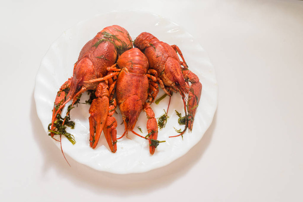 Un montón de cangrejos de río rojos cocidos en un plato de eneldo. De cerca. Macro mode.Deliciosa comida marinera
. . - Foto, Imagen