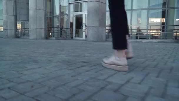νέες επιχειρηματικές γυναίκες με μαύρο μπουφάν που περπατούν στο δρόμο με χαρτί στο χέρι, κλείστε τα πόδια και Χάκρα με χαρτί - Πλάνα, βίντεο