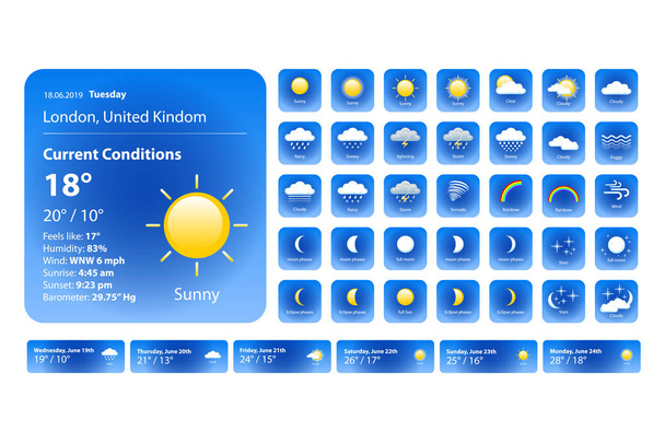 Wettersymbole setzen. alle Wettersymbole mit Anwendungsbeispiel. für Print, Web oder mobile App Vektor eps 10 - Vektor, Bild