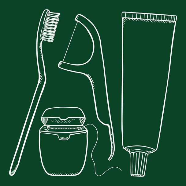 Vector Set of Chalk Sketch Tooth Brushing Items. Tooth Brush, Dental Floss, Dentifrice. - Vector, Image