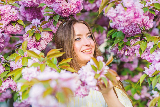 Natural cosmetics for skin. Floral paradise. Girl in cherry blossom flower. Sakura tree blooming. Cosmetics concept. Gorgeous flower and female beauty. Woman in spring flower bloom. Soft and tender - Foto, immagini