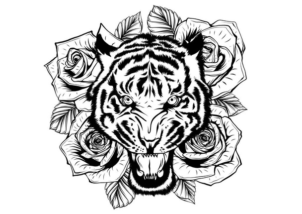 ilustración vectorial de la cabeza de tigre rugiente y rosas tatuaje
 - Vector, Imagen