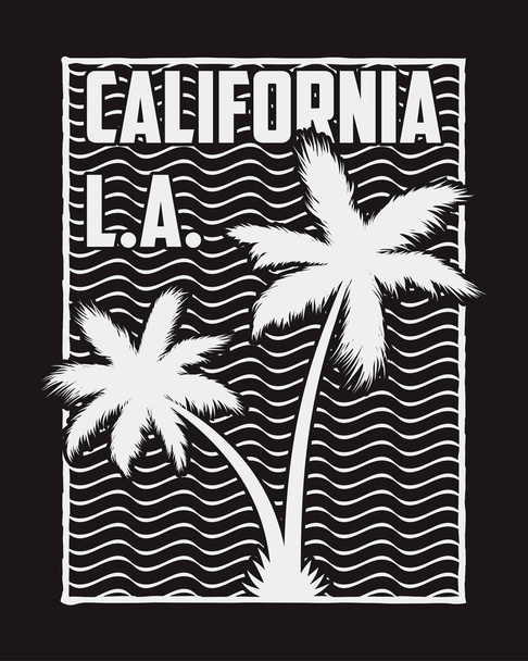 Kalifornien-Print für T-Shirt mit Palmen und Wellen. - Vektor, Bild