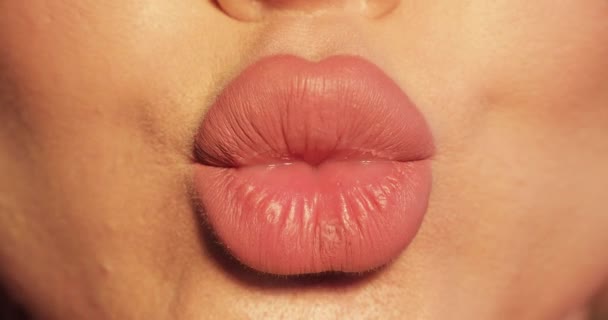 Extremo close-up plump feminino sexy lábios vestindo batom nu fazendo beijo e sorrindo
 - Filmagem, Vídeo