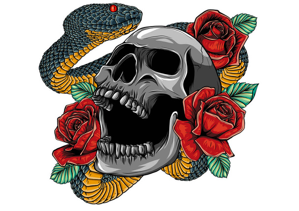 Πολύχρωμο σχεδιασμό τατουάζ με κρανίο, τριαντάφυλλα και φίδι. Εικόνα. - Διάνυσμα, εικόνα