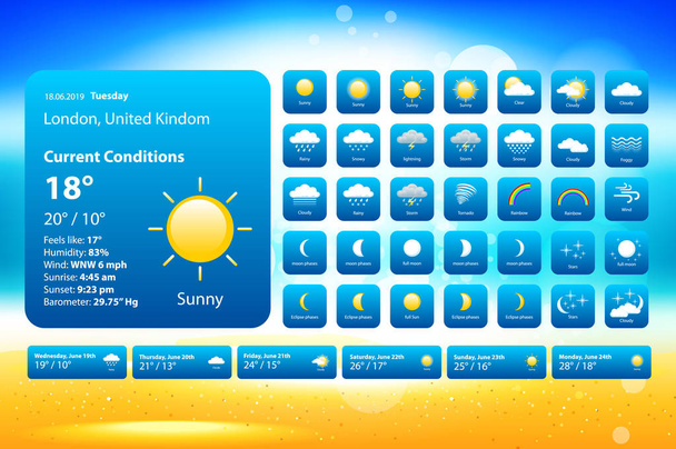 set weather icons. All icons for weather with sample of use. For Print, Web or Mobile App vector eps 10 - Vektor, kép