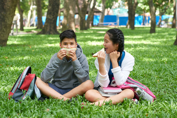 Happy school kids sitting on grass in park eating sandwiches for lunch - Foto, afbeelding