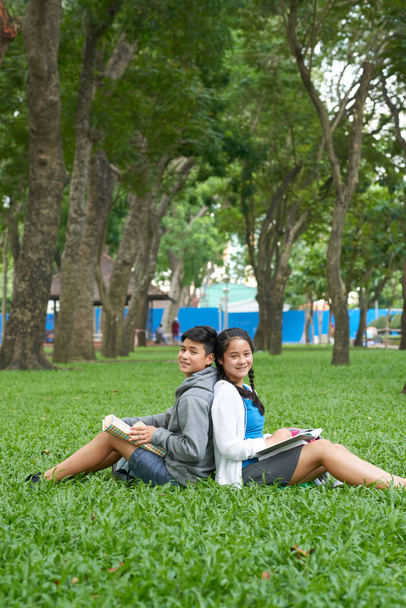 Frères joyeux assis dos à dos sur l'herbe et souriant à la caméra
 - Photo, image