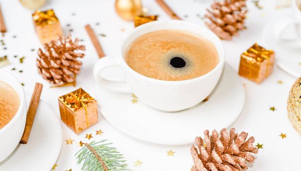 cup of hot coffee on a christmas holiday table. holidays and events consept. Flat lay, Top view - Photo, Image
